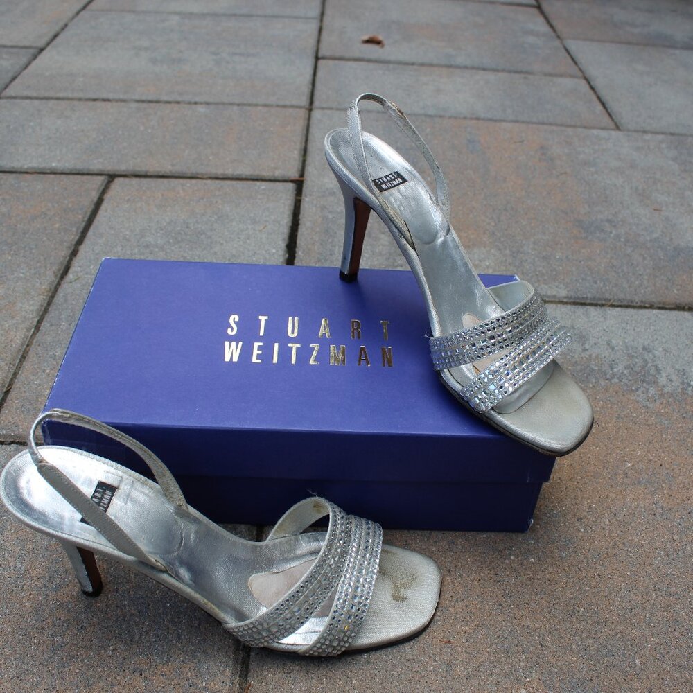 Vintage Stuart Weitzman Crystal Silver Slingback Heels - size 9M